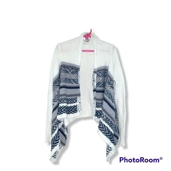 Route 66 Medium 7/8 Knit Waterfall Cardigan-White & Black-Cropped-Open-Aztec - Picture 1 of 4